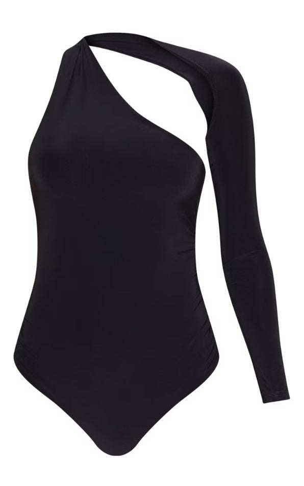 Black One Shoulder Asymmetric Bodysuit