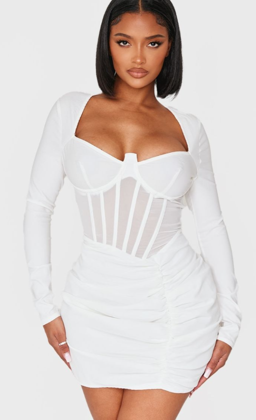 Shape WhiteMesh Insert Corseted Ruched Side Mini Dress