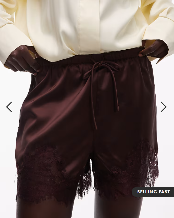 ASOS DESIGN satin lace trim drawstring waist short in brown