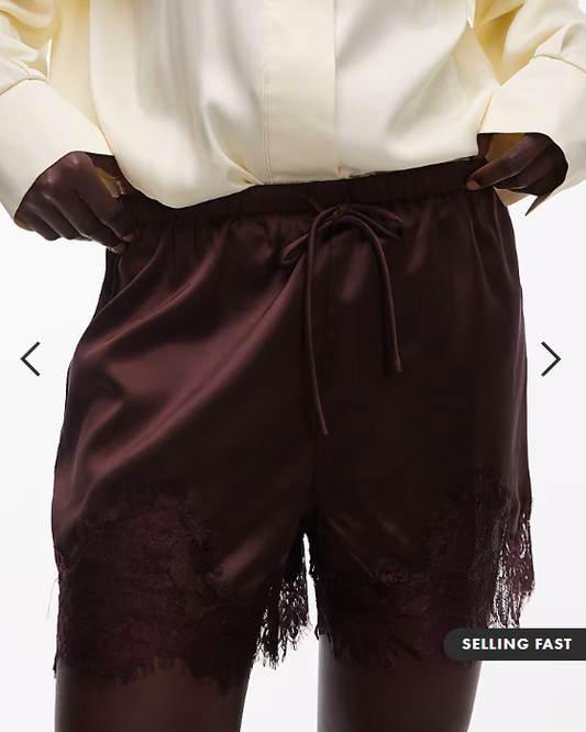 ASOS DESIGN satin lace trim drawstring waist short in brown