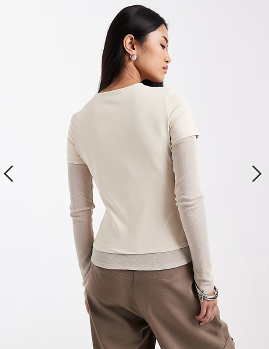 ASOS DESIGN long sleeve mesh double layer top in buttermilk