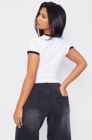 White Rib Contrast Binding Fitted T Shirt