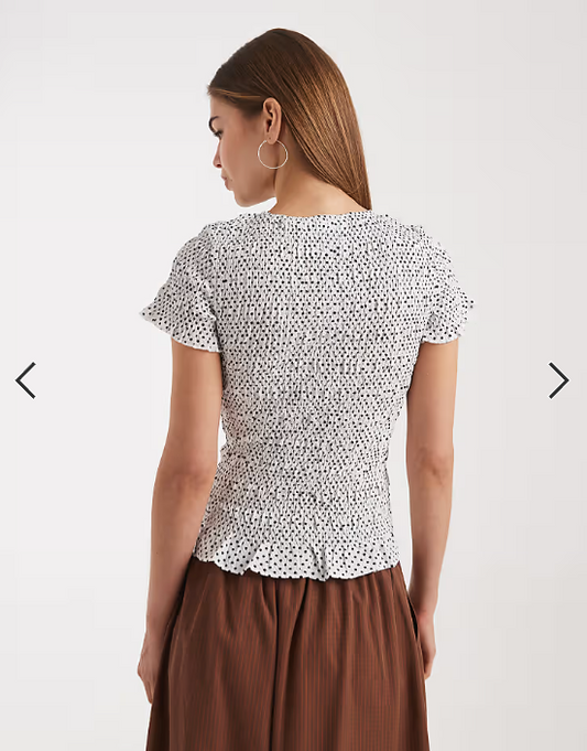 Daisy Street shirred short sleeve top in black polka dot