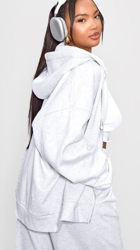 Plt - Plus Grey Premium Embroidered Oversized Zip Front Hoodie