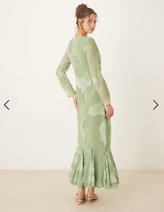 ASOS DESIGN cowl neck maxi dress with godet hem in blurred green print