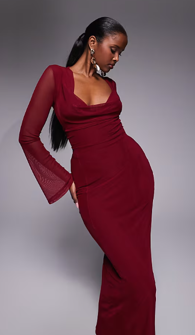 ASOS DESIGN mesh angel sleeve lace up back long sleeve maxi dress in burgundy