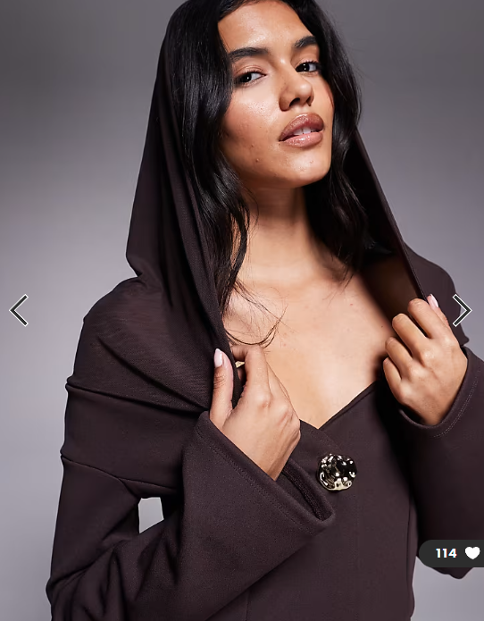 ASOS DESIGN double hem detail mini dress with chunky gold button front and mesh shoulder and hood cowl