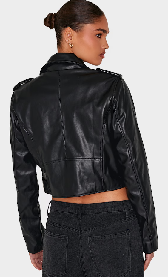 Black Basic Faux Leather Pocket Detail Biker Jacket