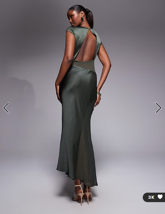 ASOS DESIGN cap sleeve satin midi dress with sheer chiffon panels in khaki