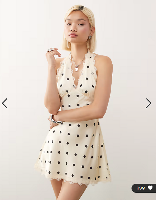 Lioness Stars Align halterneck lace trim open back satin mini dress in cream and black polka