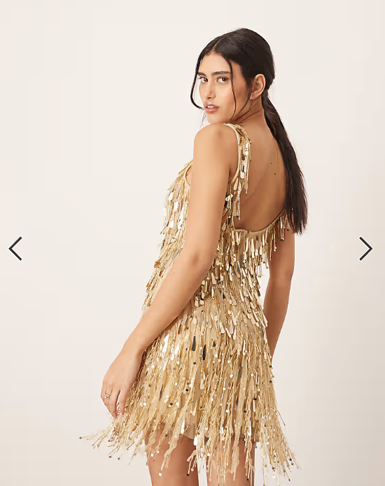 ARRANGE embellished fringe hem scoop neck mini dress with in gold