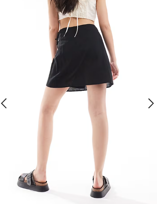 Monki linen wrap tie detail mini skirt in black