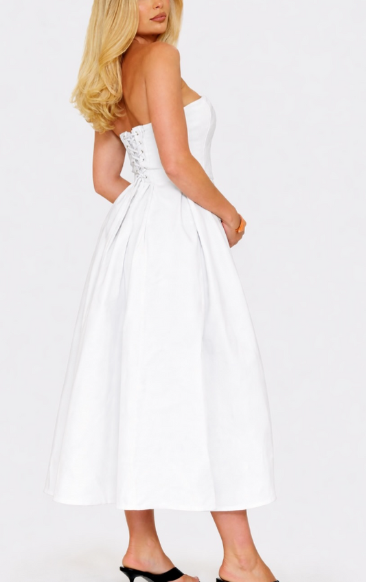 Ego - Bandeau Pleated Lace Up Back Detail Midi Dress white