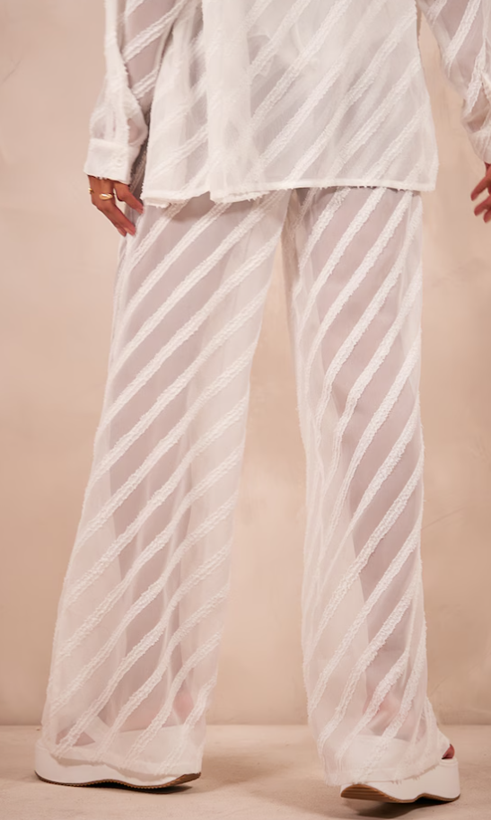 White Textured Chiffon Oversized Wide Leg Trousers
