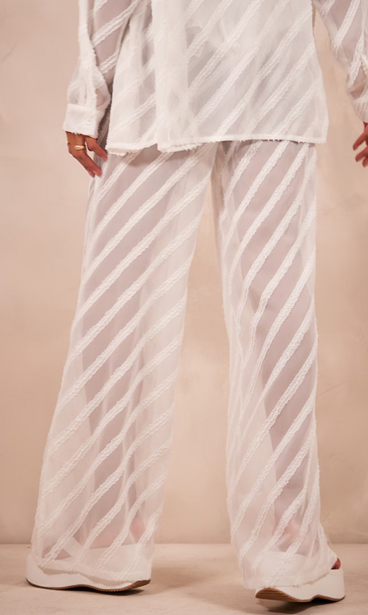 White Textured Chiffon Oversized Wide Leg Trousers