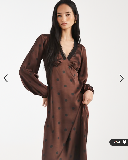 New Look polka dot long sleeve midi tea dress in brown