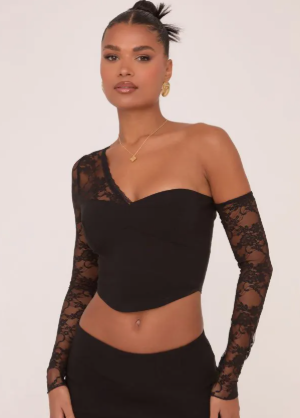 Long Lace Sleeves Off The Shoulder Cropped Corset Top In Black