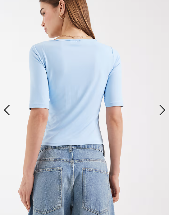 ASOS DESIGN polyamide short sleeve plunge neck top in blue