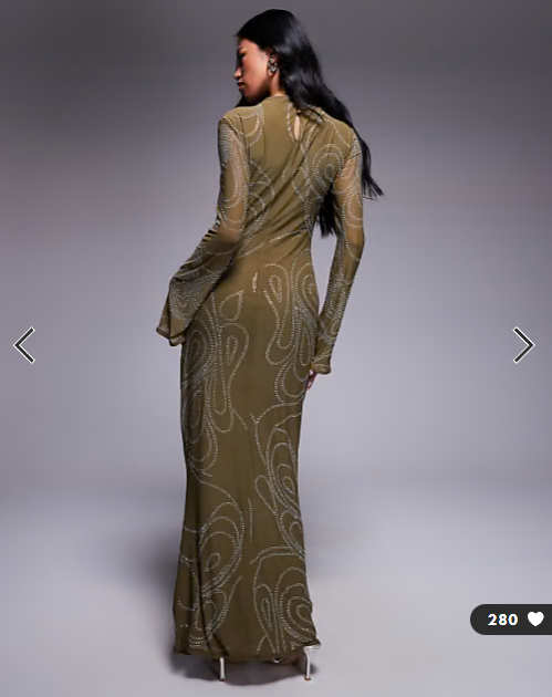ASOS DESIGN embellished artwork hotfix long sleeve maxi dress with ruched skirt in dark olive green