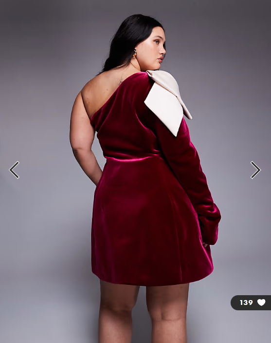 ASOS LUXE Curve one shoulder velvet mini dress with bow detail in burgundy