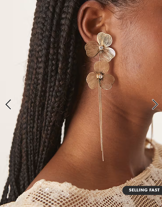 ASOS DESIGN stud wire floral earrings with chain drop tassel in gold tone