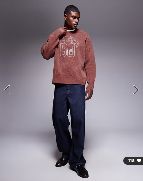 ASOS DESIGN oversized knitted chenille jumper with Maurier 80 graphic in red