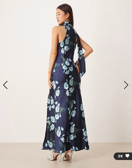 ASOS DESIGN sleeveless satin maxi dress with scarf detail in blue floral print