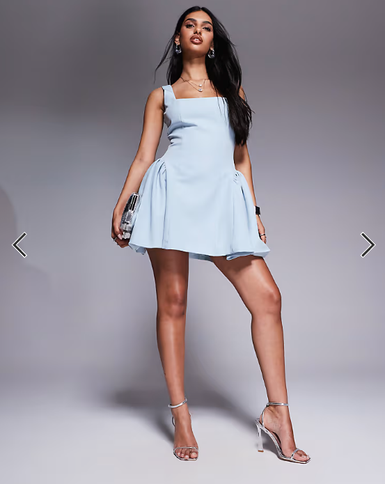 Wanderdoll Sabrina tailored square neck structured side pleat mini dress in baby blue