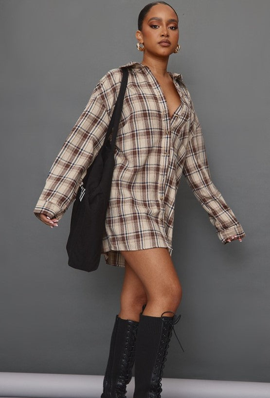 Petite Brown Check Brushed Flannel Oversized Curved Hem Shirt Dress