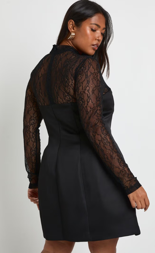 boohoo Plus High Neck Lace Satin Structured Mini Dress