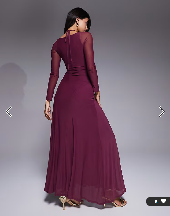 ASOS DESIGN mesh long sleeve maxi dress with exposed seam detail in deep plum