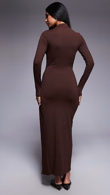 ASOS DESIGN slash neck long sleeve wrap hardware detail midi dress in chocolate
