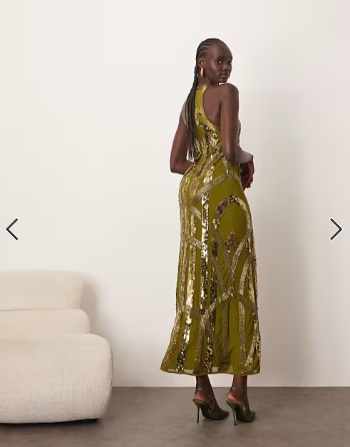Arrange - deco linear embellished racer neck maxi dress in olive