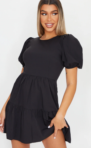Black woven tiered puff sleeve smock dress