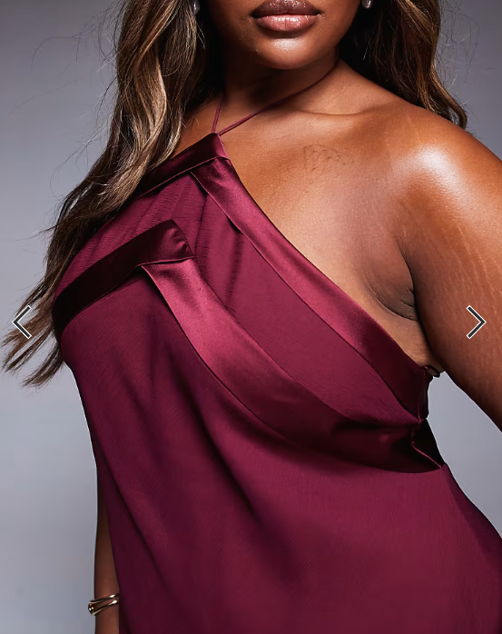 ASOS DESIGN Curve satin tape halter maxi dress in burgundy
