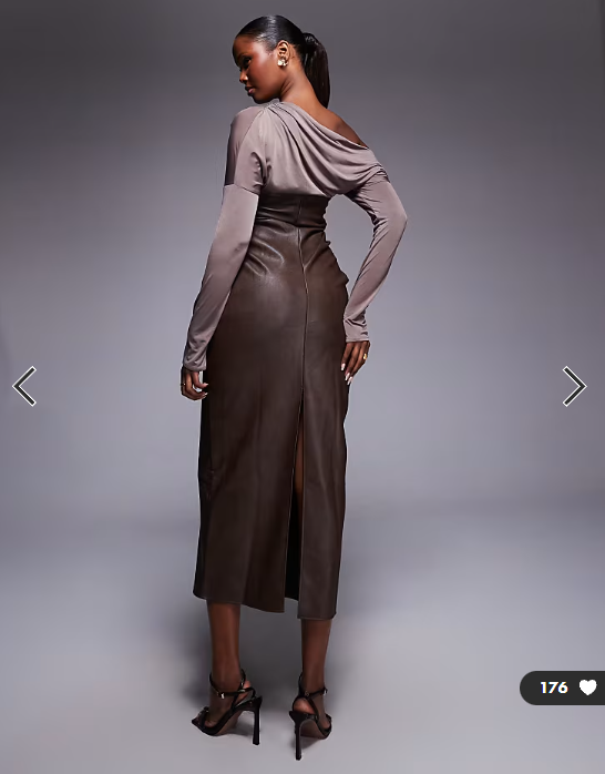 ASOS DESIGN fallen shoulder PU bandeau midi dress in chocolate