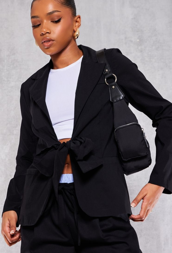 Plt - Black Tie Front Bow Textured Blazer