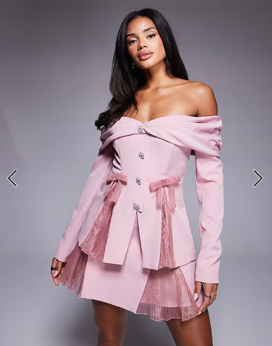 ASOS LUXE off the shoulder tailored blazer with organza pleats in dusty pink - part of a set