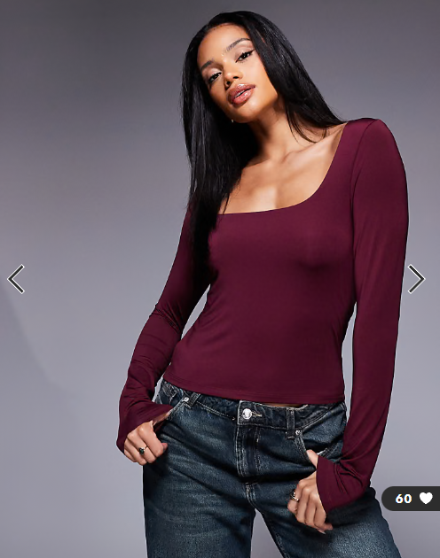 ASOS DESIGN double layer long sleeve wide square neck top in burgundy