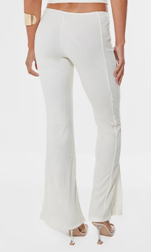 Plt - Cream Lace Mesh Panel Flare Leg Trousers