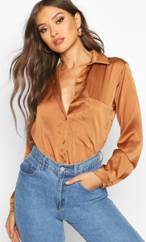 Boohoo Oversized Pocket Detail Satin Shirt - mocha