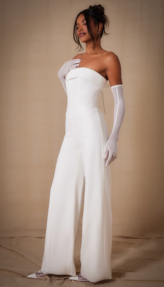 Premium White Woven Bandeau Wide Leg Jumpsuit