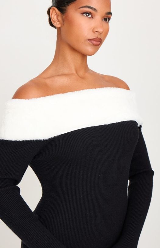 Plt - Black Rib Knit Contrast Fur Trim Bardot Maxi Dress