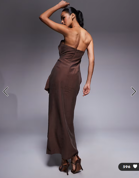 ASOS DESIGN bandeau midi dress with side pleat detail in chocolate