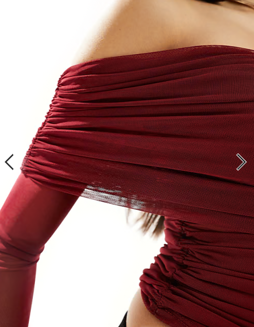 ASOS DESIGN deep bardot mesh long sleeve top in burgundy
