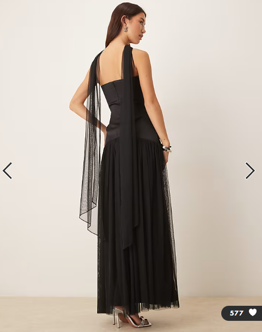 Lace & Beads tulle bandeau drop waist maxi dress with scarf in black