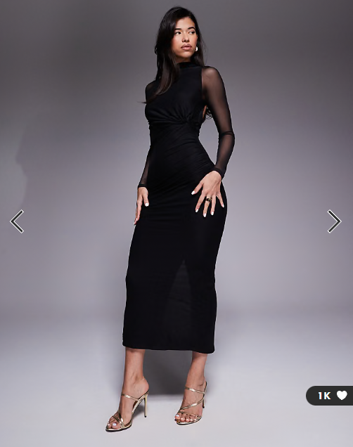 ASOS DESIGN mesh long sleeve twist bust detail halter maxi dress in black