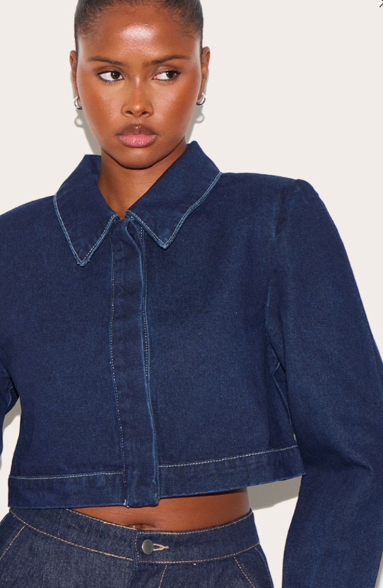 Indigo Contrast Stitch Cropped Long Sleeve Denim Shirt