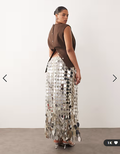 ARRANGE Curve futurist sequin fringe hem midi skirt in silver tone
