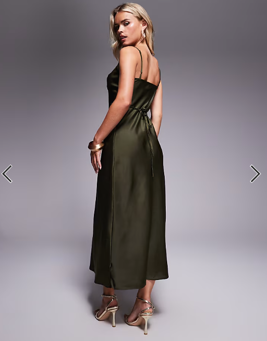 Asos - New Look Petite satin cowl neck midi dress in khaki